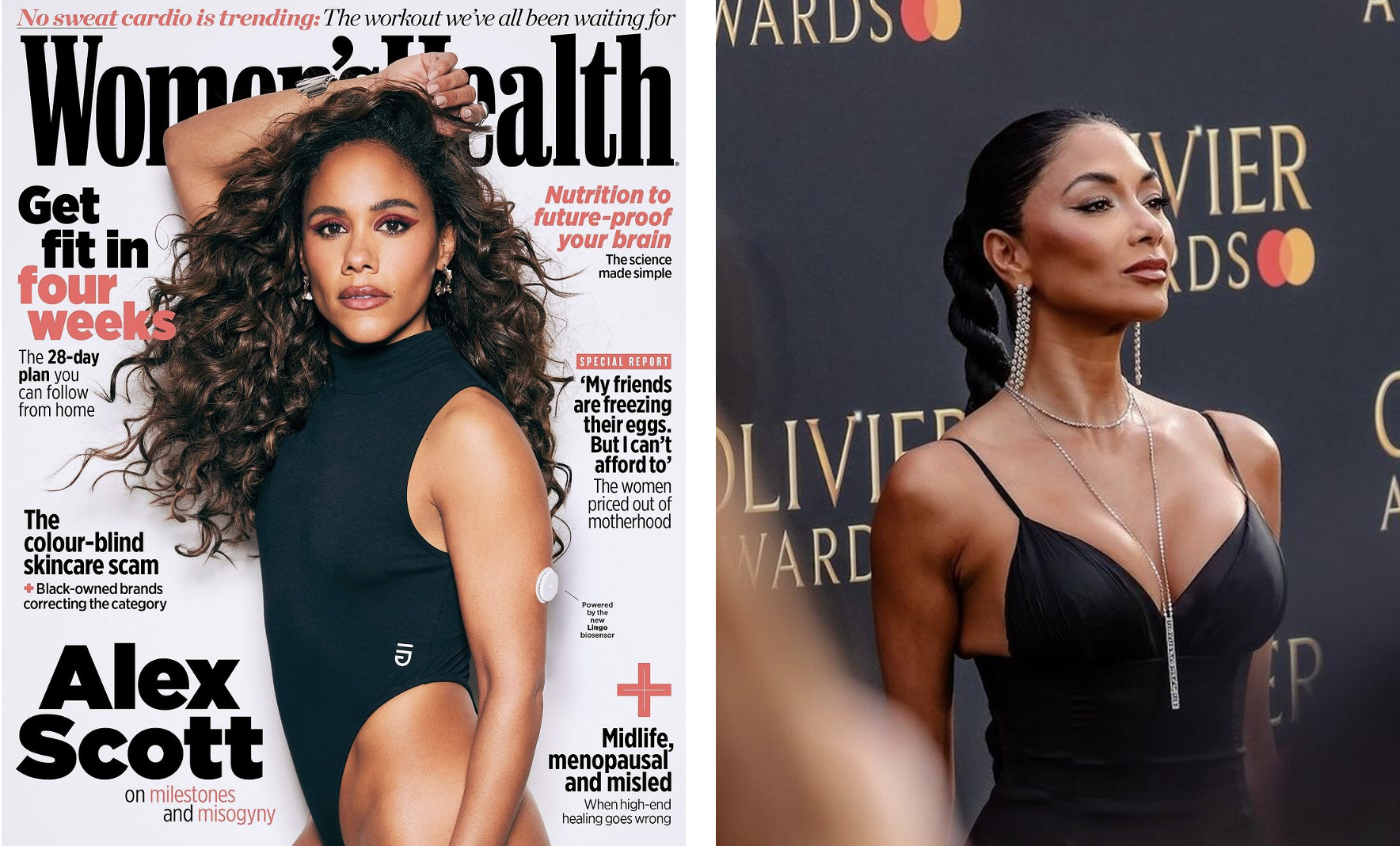 Alex Scott cover and Nicole Scherzinger win at the Olivier Awards, hair done by Saks' creative director Luke Pluckrose. 