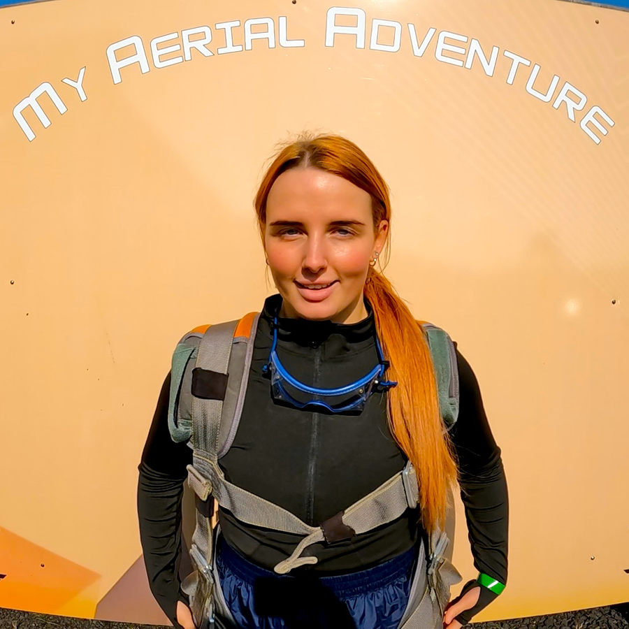 Maddie, stylist at Saks hair Guisborough at Skyhigh Skydiving centre ready to jump for Saks4Eve
