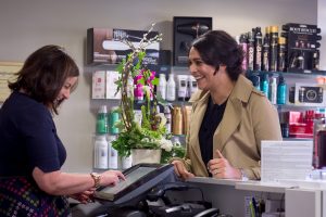 Saks customer with hair-up
